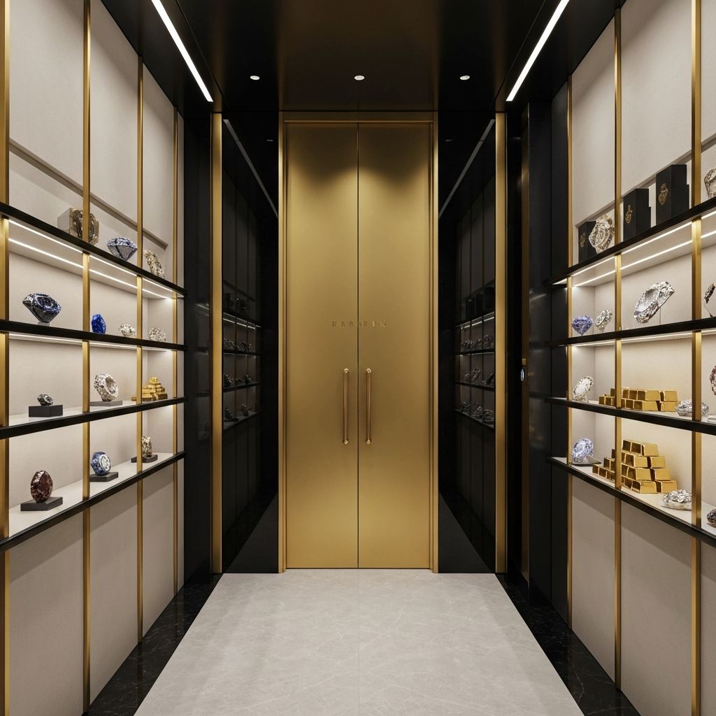 High-security vault interior with gold and diamond treasures
